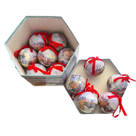 12 Victorian Snowy Winter Town 10" Christmas Ornaments Paper Mache Decoupage - Picture 5 of 8